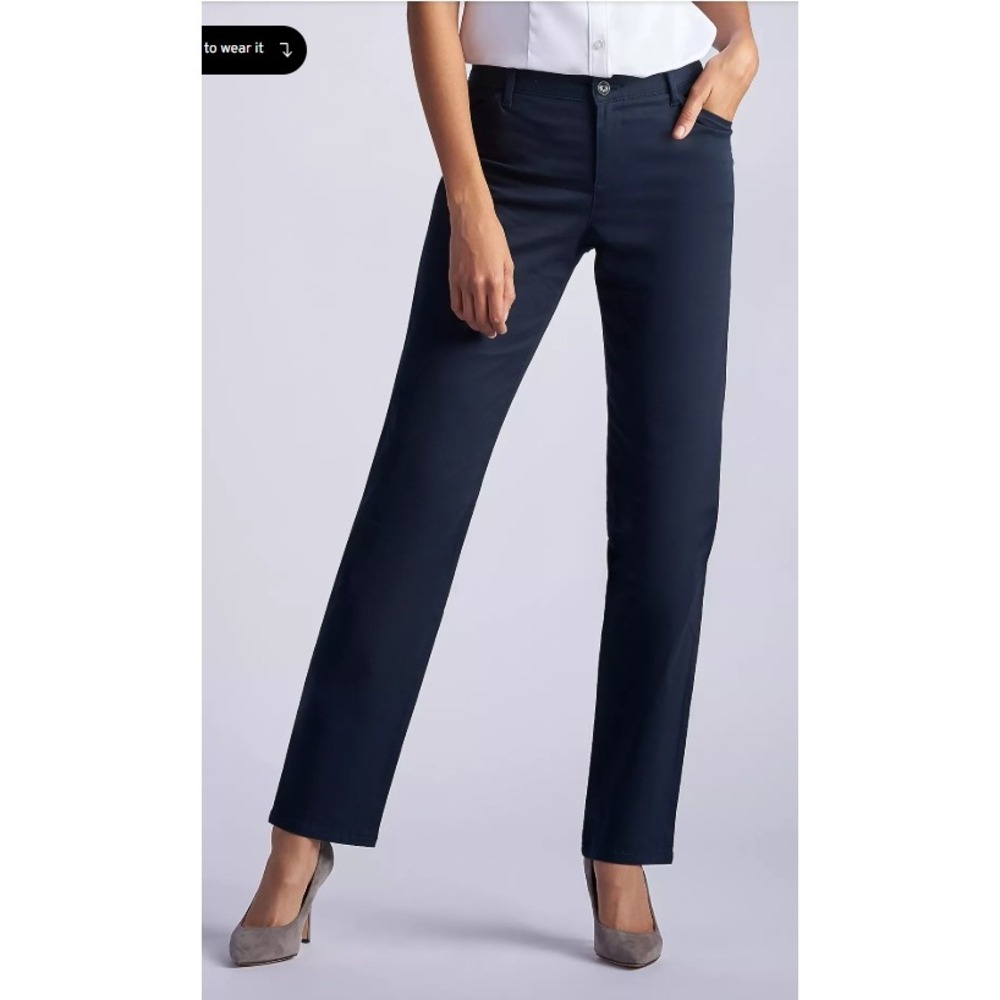 Lee Womens Flex Motion Regular Fit Straight Leg Mid Rise Pants Navy Blue 12 Long